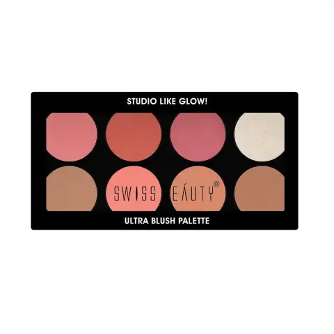 Swiss Beauty Ultra Blush Palette 03 closed, black compact with brand logo, front angle.