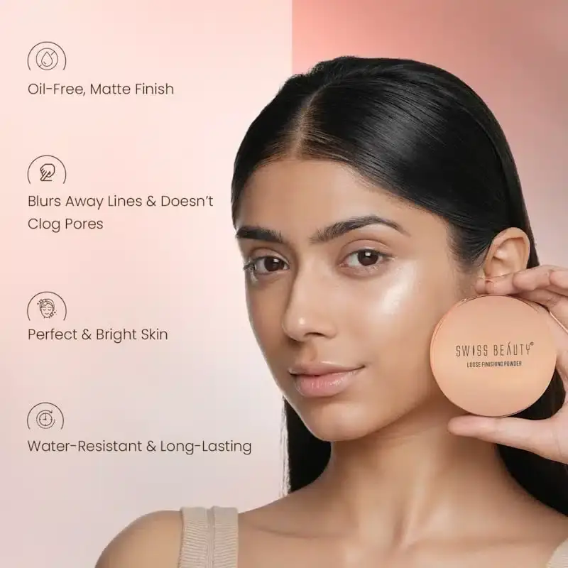 Close-up of open Swiss Beauty Banana 02 loose powder container showing mesh sifter and puff. - thumbnail