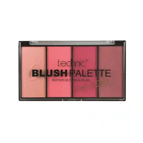 Open Technic "Cool Edit" blush palette displaying eight cool-toned pink and mauve powder shades with mirror.