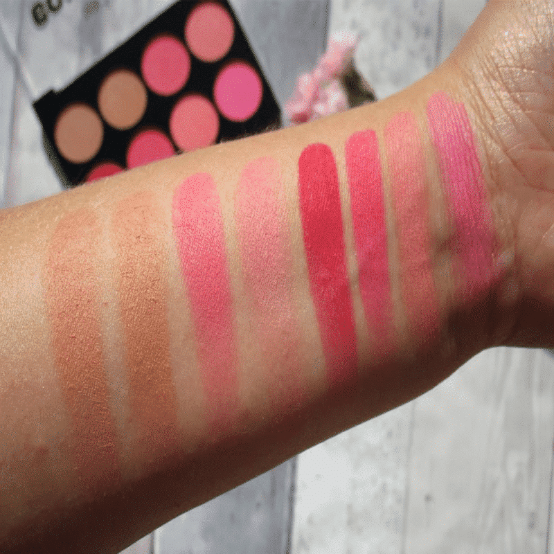 Eight swatches of Technic Color Fix Blush Palette colors beautifully applied on skin. - thumbnail