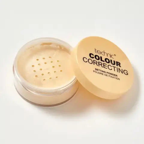 Technic Colour Correcting Setting Powder in clear jar, displaying vibrant green, purple, yellow, peach shades.
