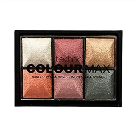 Open Technic Colour Max Baked Eyeshadows palette displaying six vibrant, shimmery shades from white to deep green.
