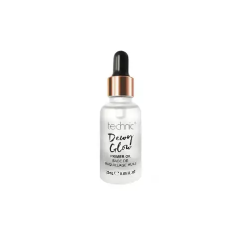 Golden Technic Dewy Glow Primer Oil in clear glass bottle with gold dropper cap.