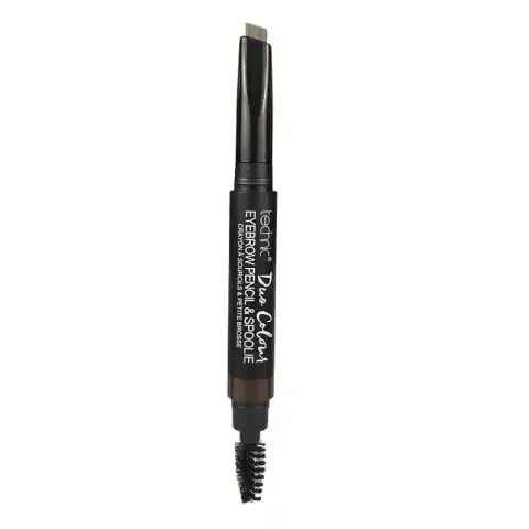 Technic Duo Colour Eyebrow Pencil with dark brown tip and spoolie brush, angled on white background.