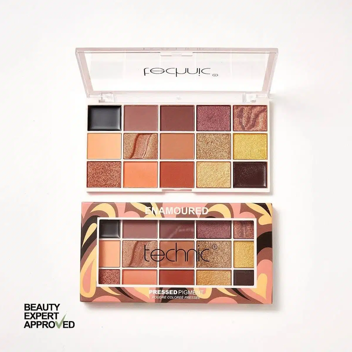 Technic Enamoured pressed pigment eyeshadow palette, closed, showcasing its reflective rose gold packaging. - thumbnail