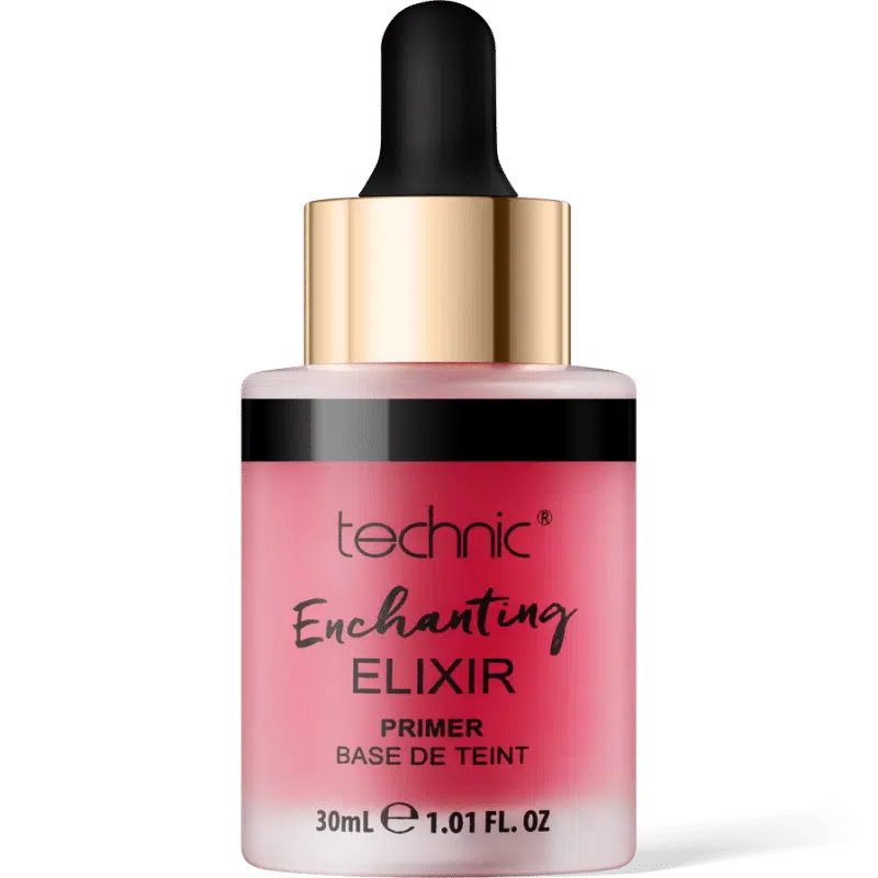 Technic Enchanting Elixir Primer 30ml clear glass bottle with white dropper cap, iridescent liquid, visible gold flecks. - thumbnail