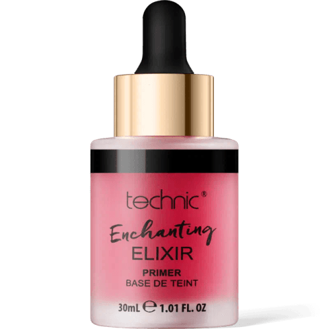 Technic Enchanting Elixir Primer 30ml clear glass bottle with white dropper cap, iridescent liquid, visible gold flecks.