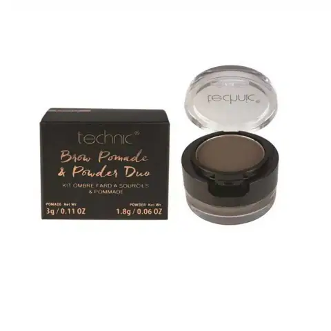 Technic Eye Brow Pomade Powder Duo medium, open compact displaying creamy pomade, powder, and brush.