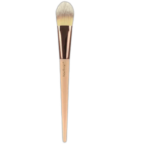 Technic R44 flat foundation brush featuring dense white bristles and a sleek black handle, angled.