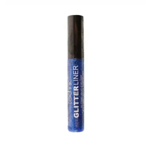 Technic vibrant blue glitter liquid eyeliner shown in a clear tube with a silver cap.