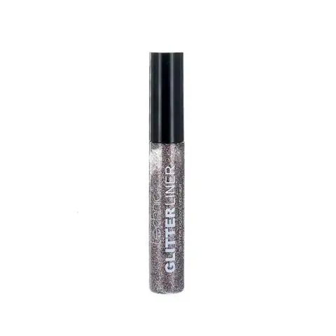 Technic Carnival glitter liquid eyeliner bottle, showing vibrant multi-colored particles suspended in clear liquid.