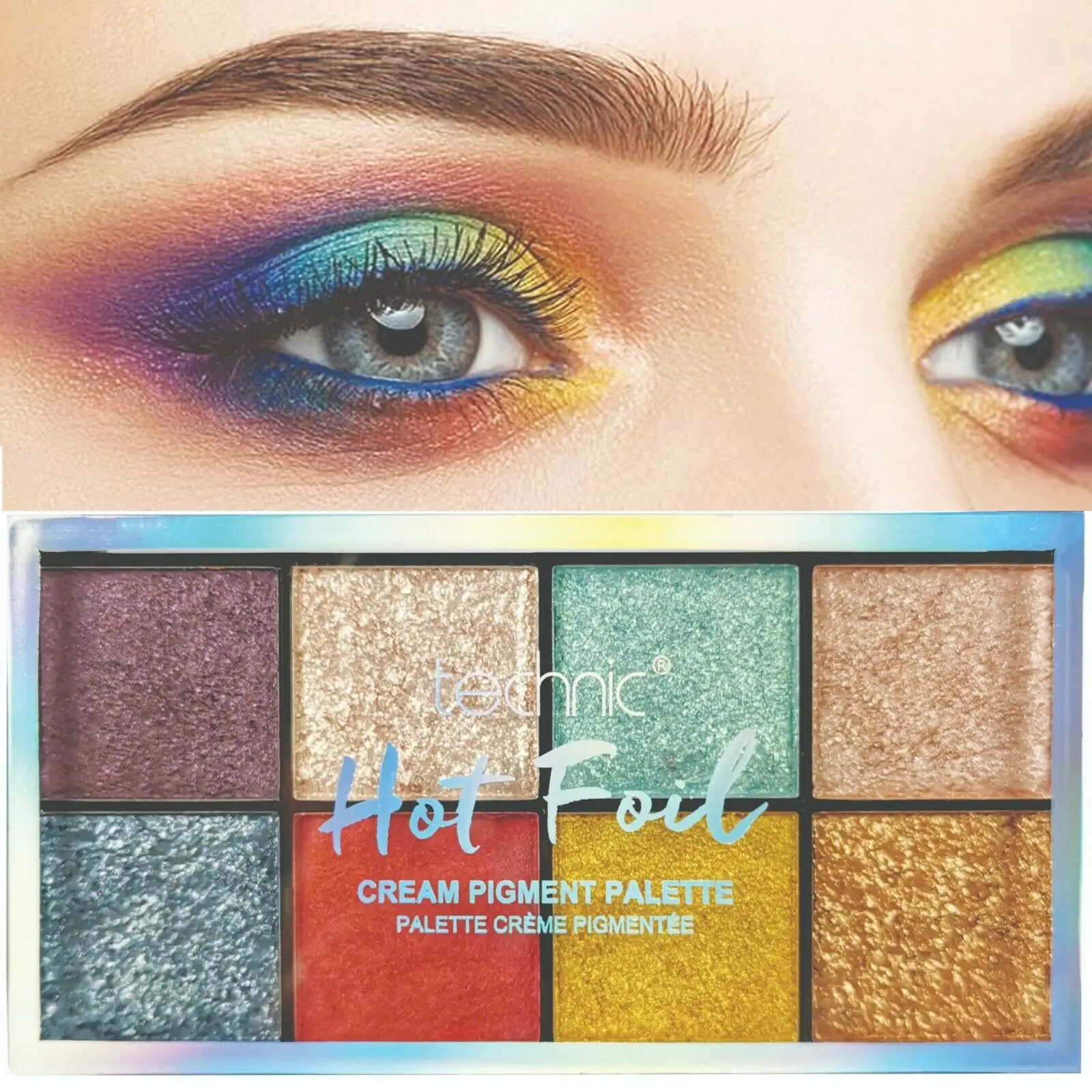 Close-up of Technic Hot Foil Cream Eyeshadow palette, showcasing eight luminous, shimmery individual pan colors. - thumbnail