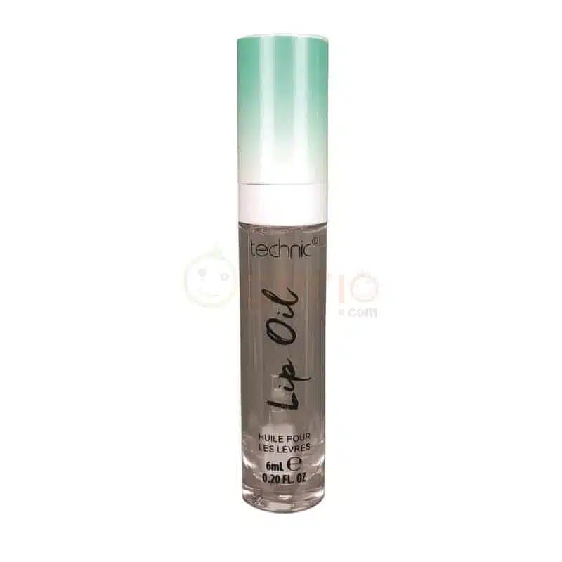 Technic Mint Lip Oil bottle, clear packaging with green cap, standing upright on white background. - thumbnail