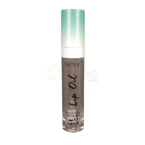 Technic Mint Lip Oil bottle, clear packaging with green cap, standing upright on white background.