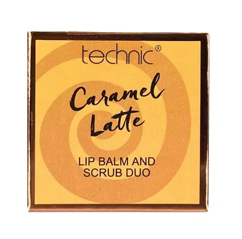Technic Caramel Lattte Lip Scrub and Balm Duo: distinct scrub and balm tubes with black caps.