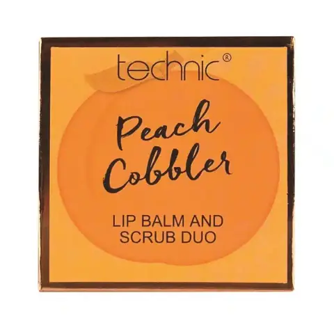 Technic Peach Cobbler Lip Scrub and Balm Duo, displayed in clear tubes with orange labels.