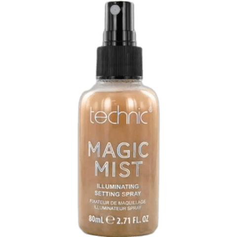Technic Magic Mist 24k Gold setting spray, 80ml clear bottle with shimmering gold flakes visible.