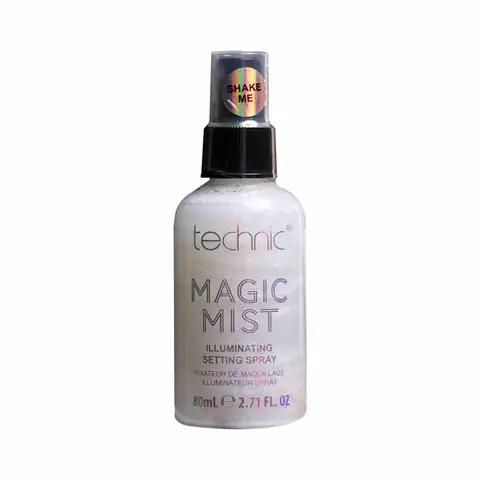 Technic Magic Mist Iridescent Setting Spray, clear 80ml bottle with black cap.