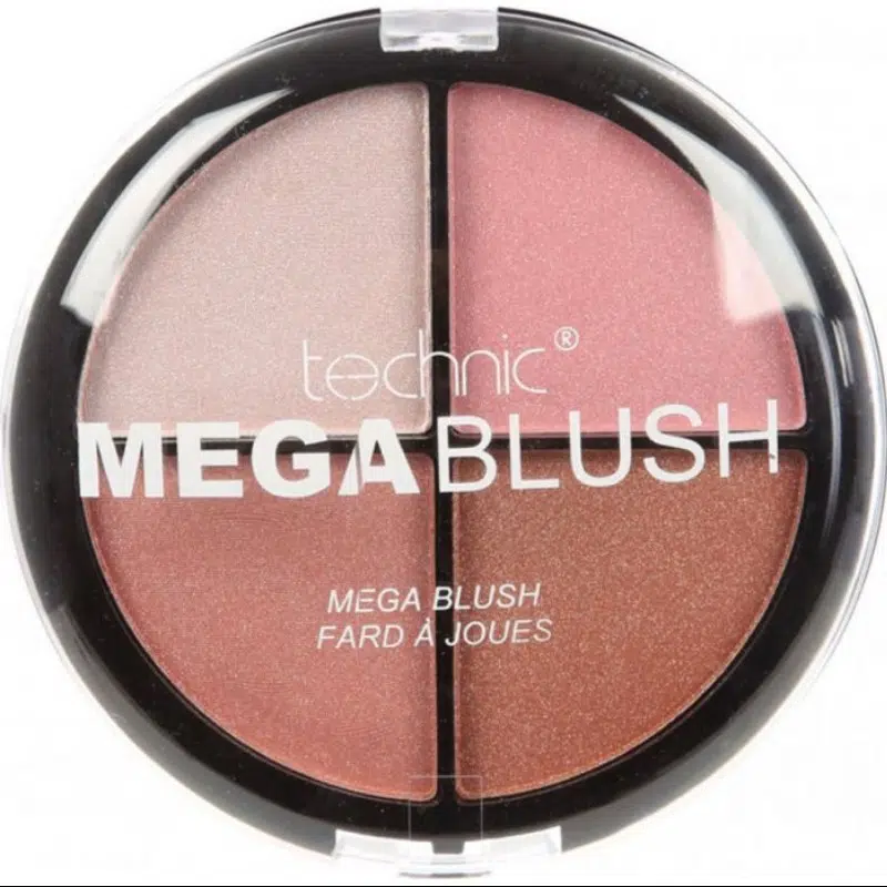 Technic Mega Blush Palette, a closed sleek black round compact, presented in a top-down view.