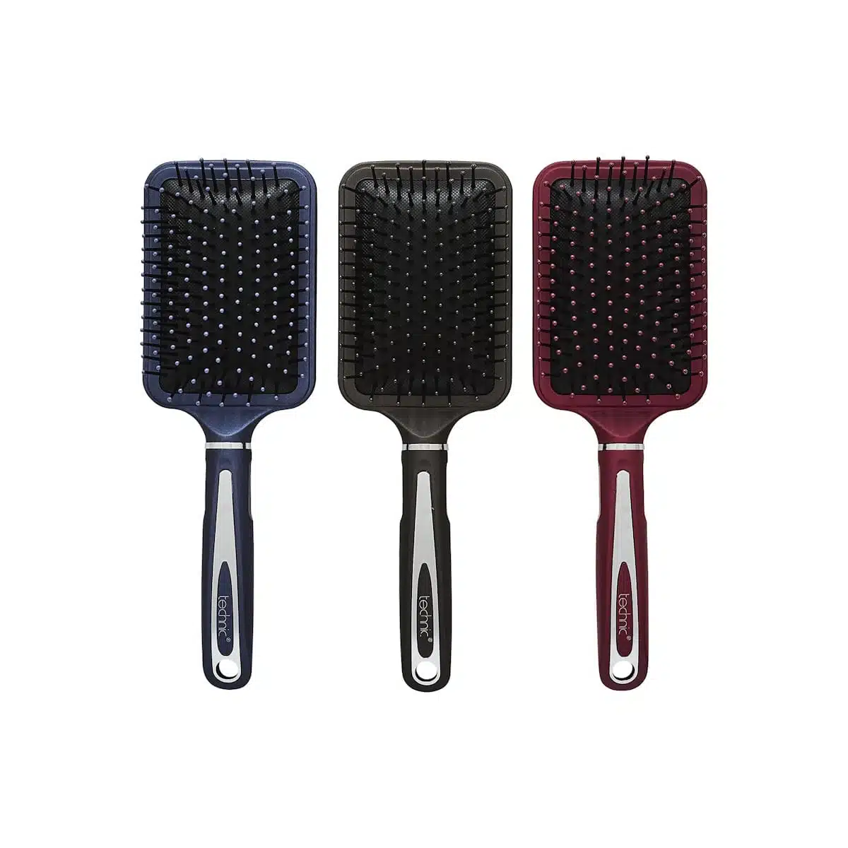 Technic paddle hairbrush with vibrant magenta base and black handle, standing upright on a white background. - thumbnail