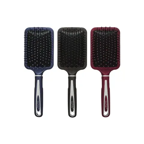 Technic paddle hairbrush with vibrant magenta base and black handle, standing upright on a white background.