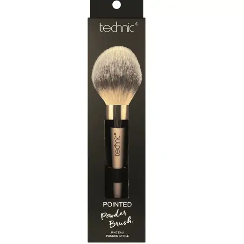 Technic pointed powder brush, black handle, soft light bristles, angled on a bright white surface.