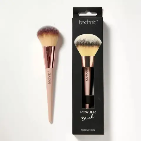 Technic Powder Brush with soft, fluffy tan bristles and a sleek black handle on a white background.