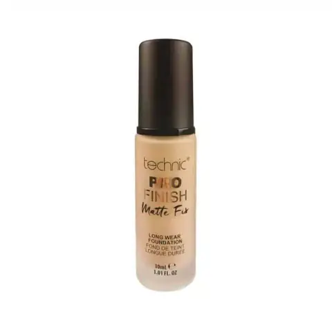 Technic Pro Finish Matte Fix Foundation in beige, a clear pump bottle displaying product label.