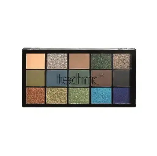 Technic Spirit Guide eyeshadow palette open, revealing 15 vibrant pressed pigment shades and mirror. - thumbnail