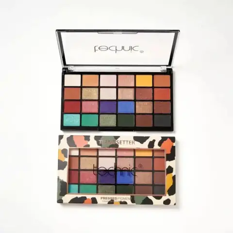 Technic Trendsetter 24 Color pressed pigment eyeshadow palette, open, revealing vibrant matte and shimmer shades.