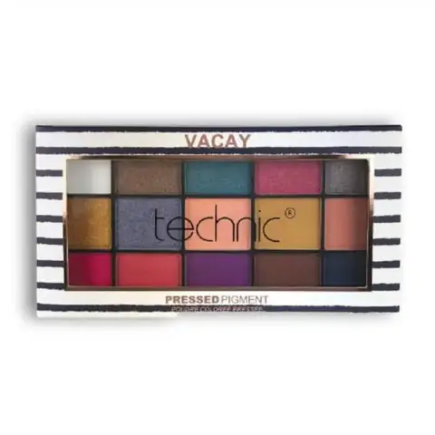 Open Technic Vacay Eyeshadow Palette displaying 15 vibrant, shimmery and matte vacation-inspired shades.