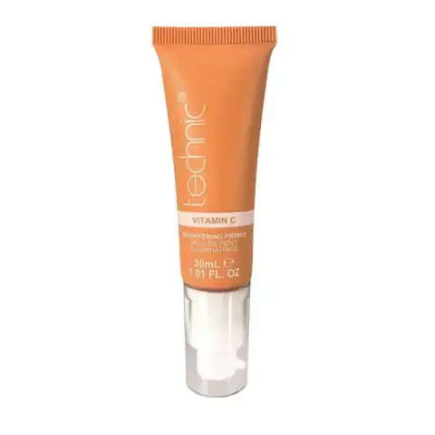 Technic Vitamin C Brightening Primer in a clear amber bottle with white pump dispenser.