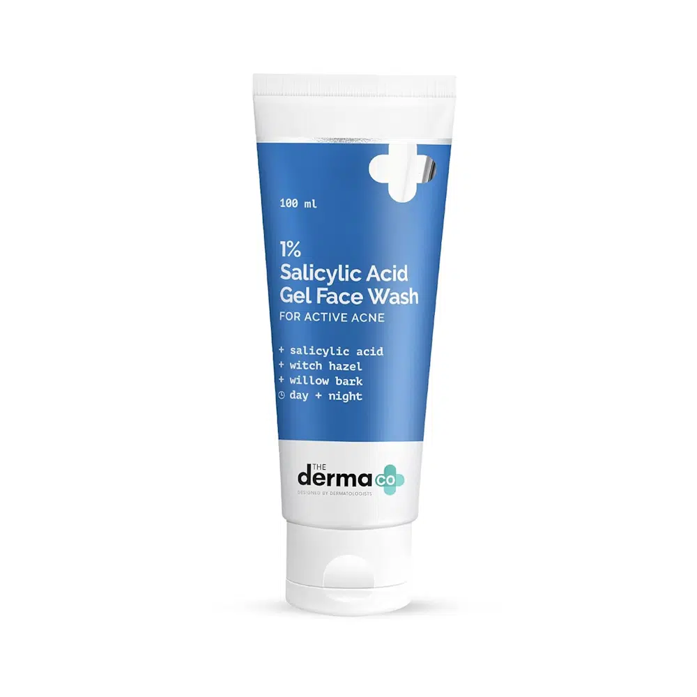 The Derma Co 1% Salicylic Acid Gel Face Wash in a white 100ml pump bottle with blue label.