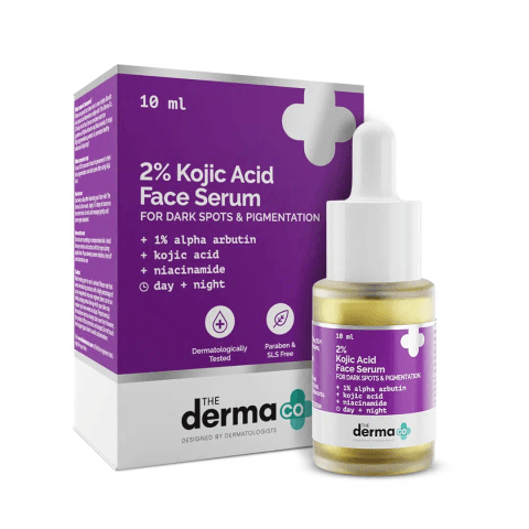 The Derma Co 2% Kojic Acid Face Serum 30ml, white bottle, green label, with dropper.