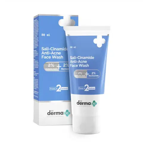 The Dermaco Sali-cinamide Anti-acne Face Wash 80ml white tube with blue cap, upright display.