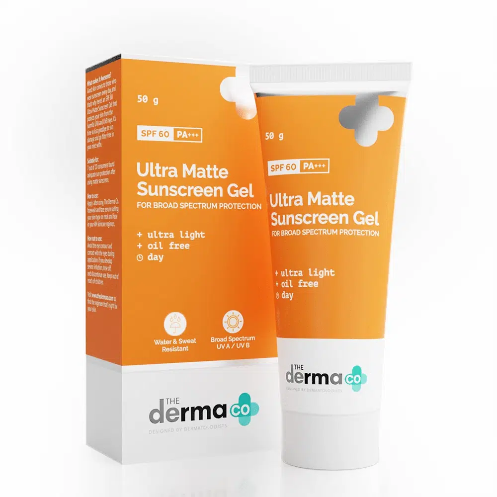 The Derma Co. Ultra Matte Sunscreen Gel SPF 60 Pa+++ 50g in a white tube, displayed upright.