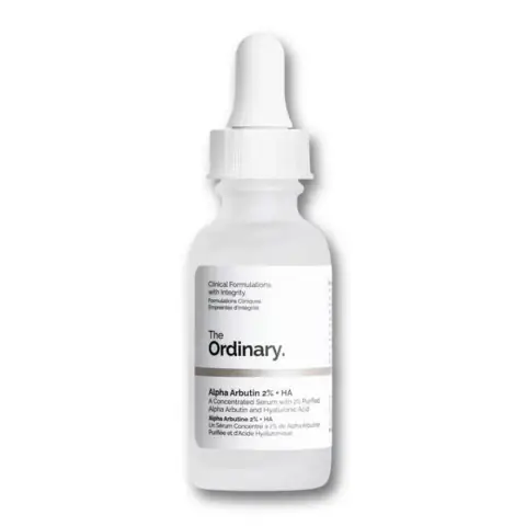 The Ordinary Alpha Arbutin 2% + HA serum 30ml in its signature white frosted dropper bottle.