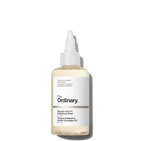 The Ordinary Glycolic Acid 7% Exfoliating Toner, 240ml clear bottle with white label, black cap.