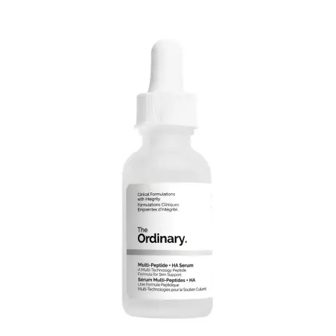 The Ordinary Multi-Peptide + HA Serum 30ml clear glass dropper bottle, front view.