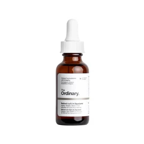 The Ordinary Retinol 0.2% in Squalane Serum 30ml, amber dropper bottle with white label.