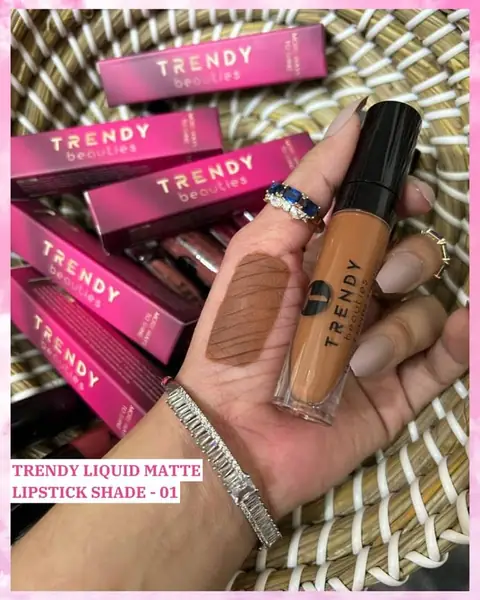 Trendy Beauties Liquid Matte Lipstick Waterproof 01, sleek black tube with clear base revealing a deep nude shade.