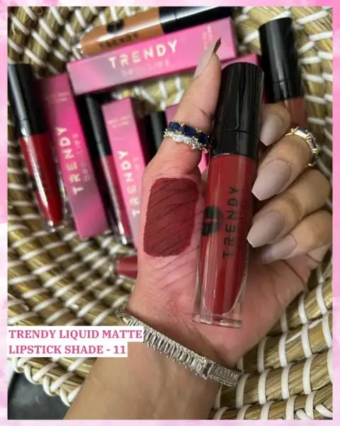 Trendy Beauties Liquid Matte Lipstick in a sleek black tube, clear base shows dark pink shade.