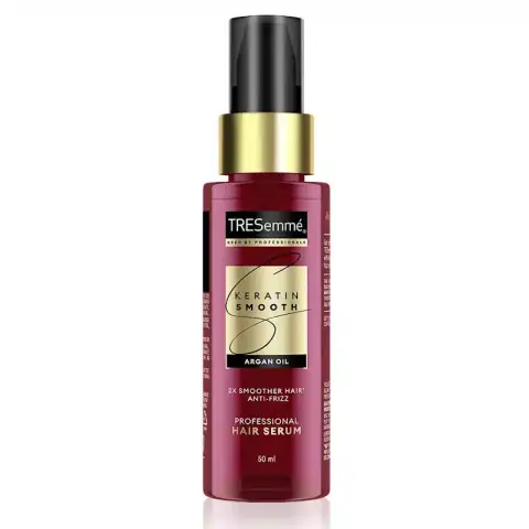 Tresemme Keratin Smooth hair serum 50ml bottle, front view with purple pump and clear cap.