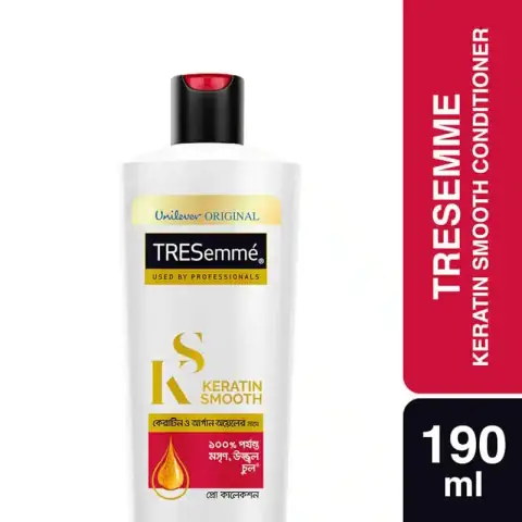 Tresemme Keratin Smooth Conditioner 190ml bottle, black with gold label and pump, front view.