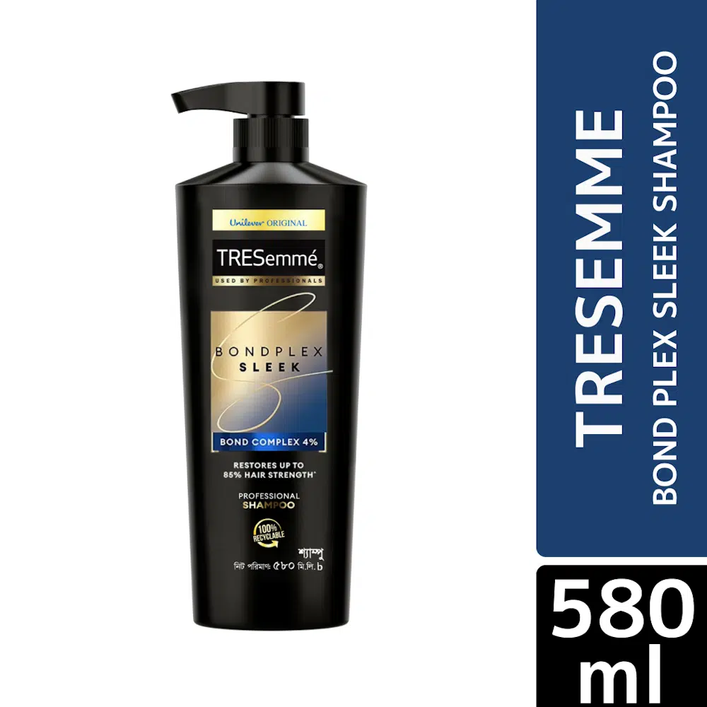Large dark purple Tresemme Bond Plex Sleek shampoo 580ml bottle with pump, front view.