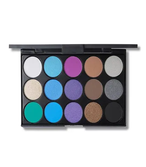 UCANBE 15 Colour Eyeshadow Palette open, displaying vibrant matte and shimmer shades.