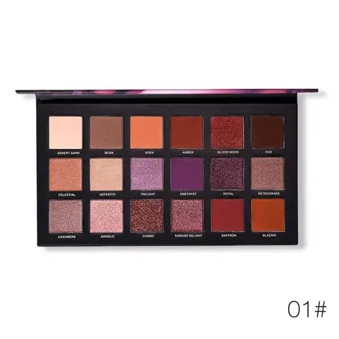 UCANBE Twilight 18-color eyeshadow palette open, showcasing vibrant shimmery and matte shades with mirror.