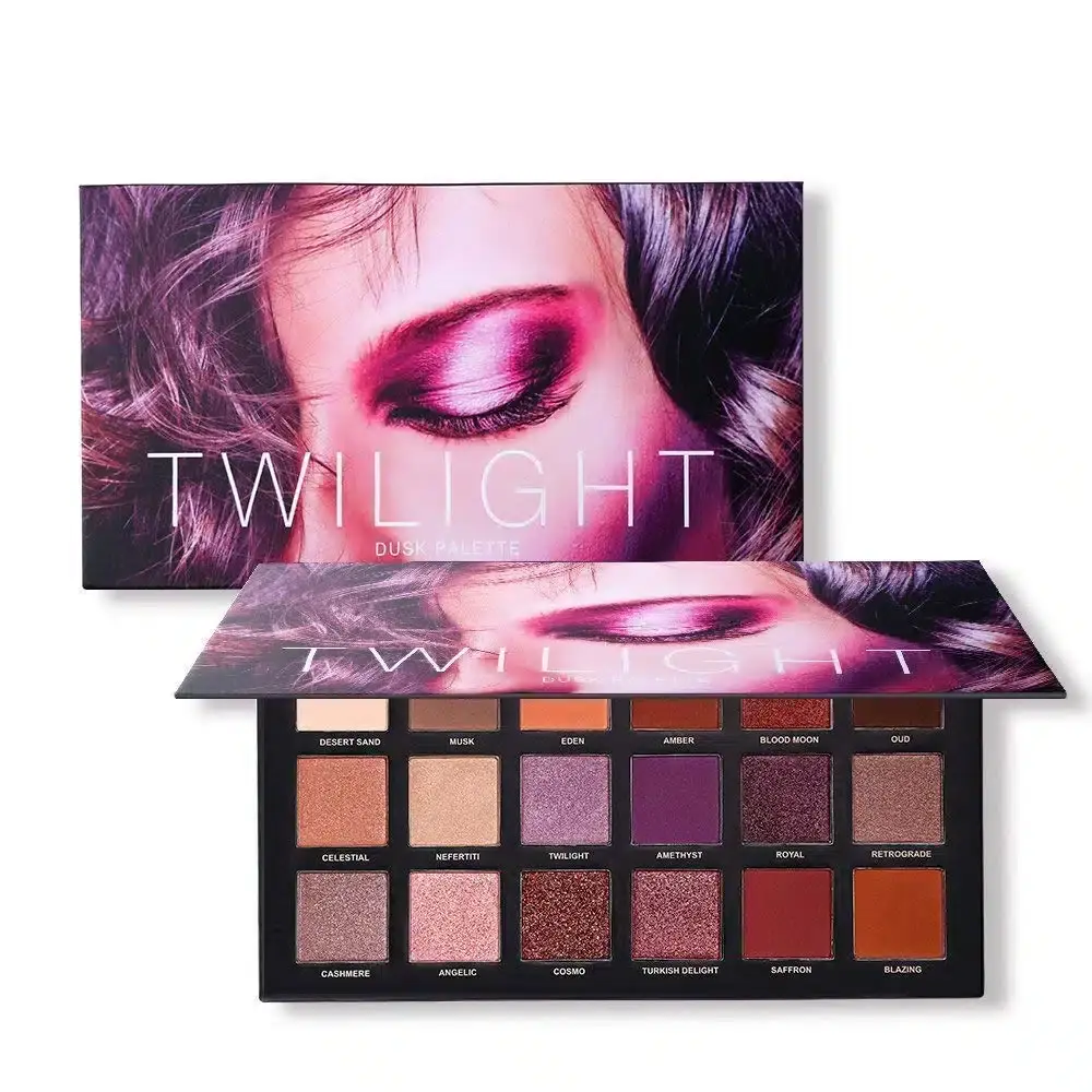Close-up of UCANBE 18-color Twilight eyeshadow palette open, highlighting diverse shimmery and metallic shades. - thumbnail