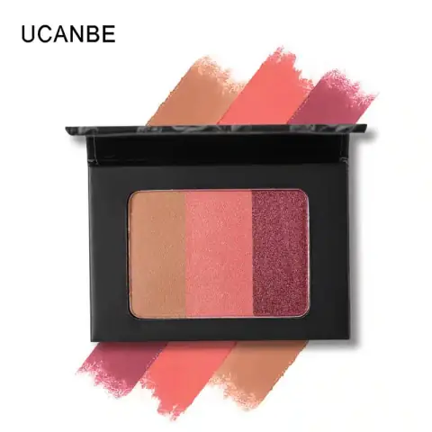 UCANBE 3-in-1 Shadow Blush Powder palette featuring pink, peach, and bronzer shades.