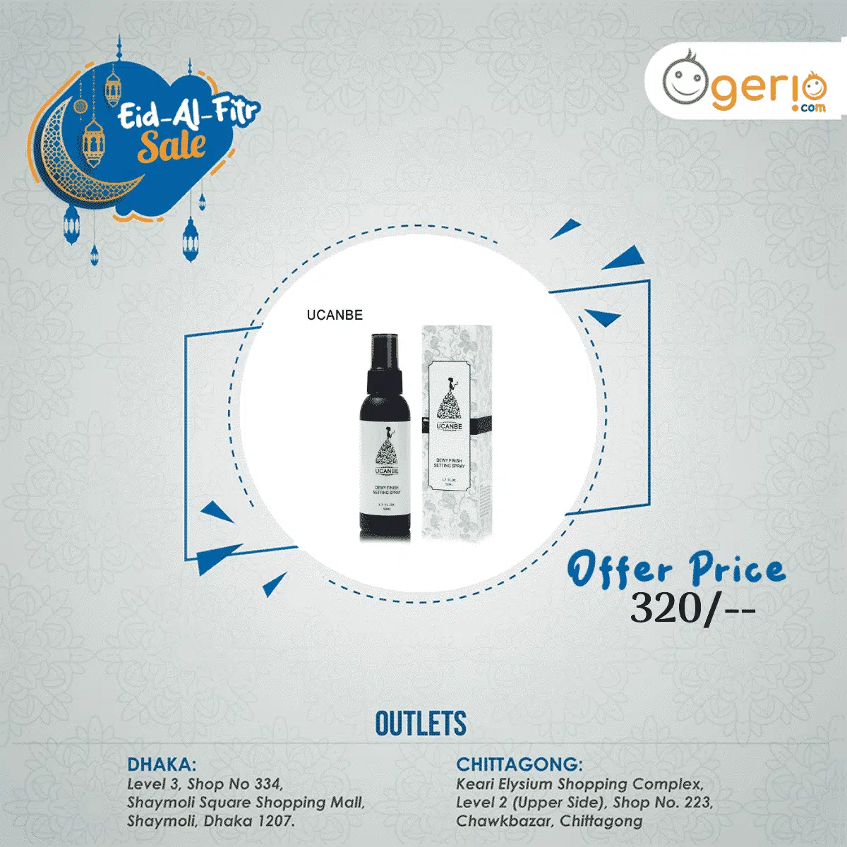 UCANBE Dewy Finish Setting Spray 50ml transparent bottle with pink-purple label, front view, clear cap. - thumbnail